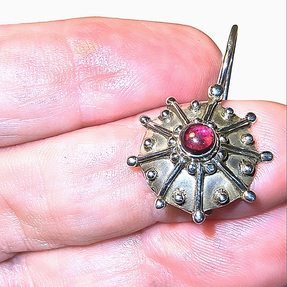 Garnet & Sterling Silver Embellished Disk Earrings - Picture 8 of 9